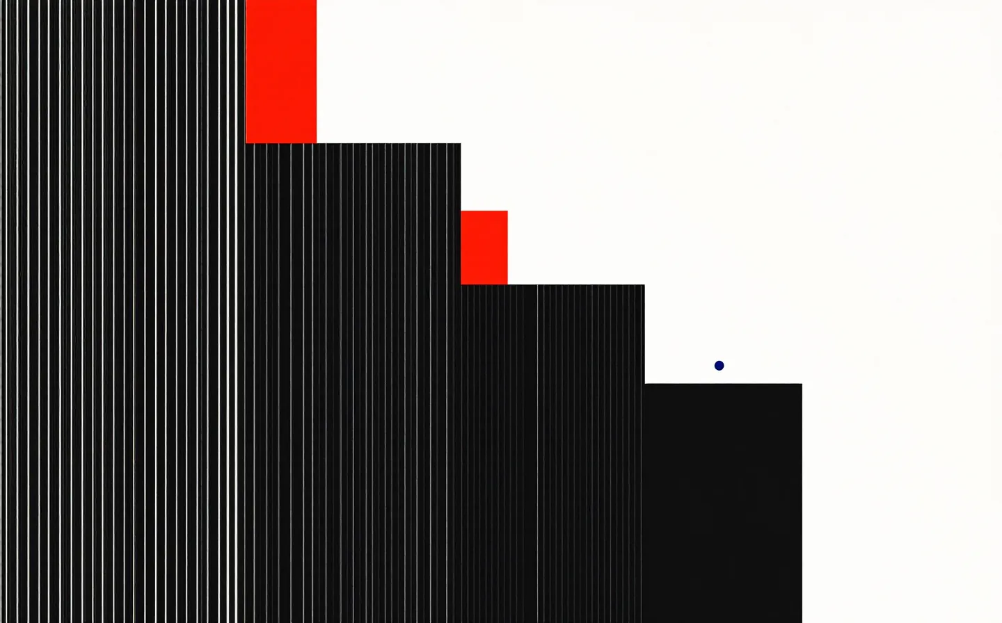 Asymmetric Swiss-modernist geometric composition with stacked black rectangles, a red corner square, and a blue accent dot