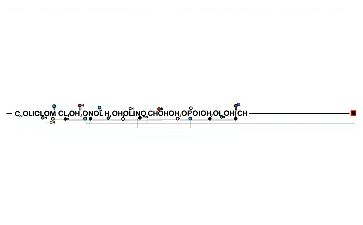 Swiss-poster geometric peptide-chain diagram with black circles, two red residues, and a trailing black line with a blue tip